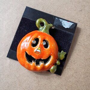Halloween Pumpkin Orange Sparkle Gemstone Jack-o-Lantern VTG Shopko Brooch Pin